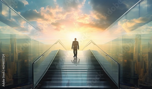 Man walking up flight of stairs rear view