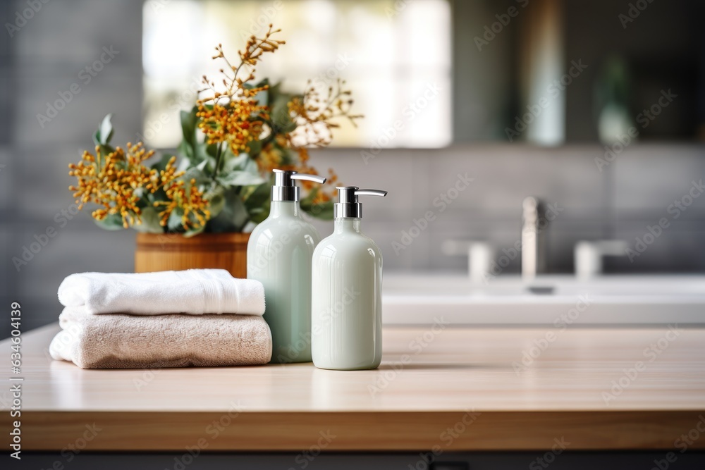 Bottles of liquid soap and towels on wooden table in modern bathroom. Spa Concept. Spa Beauty Treatments. Copy Space.