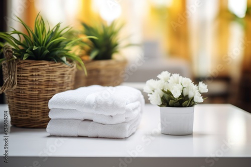 Towels on the table in the hotel room. Spa Concept. Spa Beauty Treatments. Copy Space.
