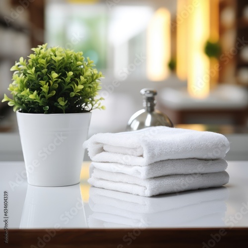 White towels and flowerpot on table in bathroom. Spa Concept. Spa Beauty Treatments. Copy Space.