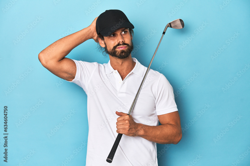 Long-haired golfer with club and hat being shocked, she has remembered important meeting. Long-haired golfer with club and hat being shocked, she has remembered important meeting.