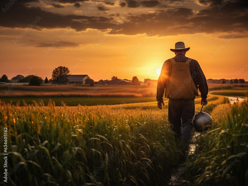 Fototapeta premium Fotografía de un agricultor en campos dorados al atardecer, rodeado por la generosidad de la naturaleza.