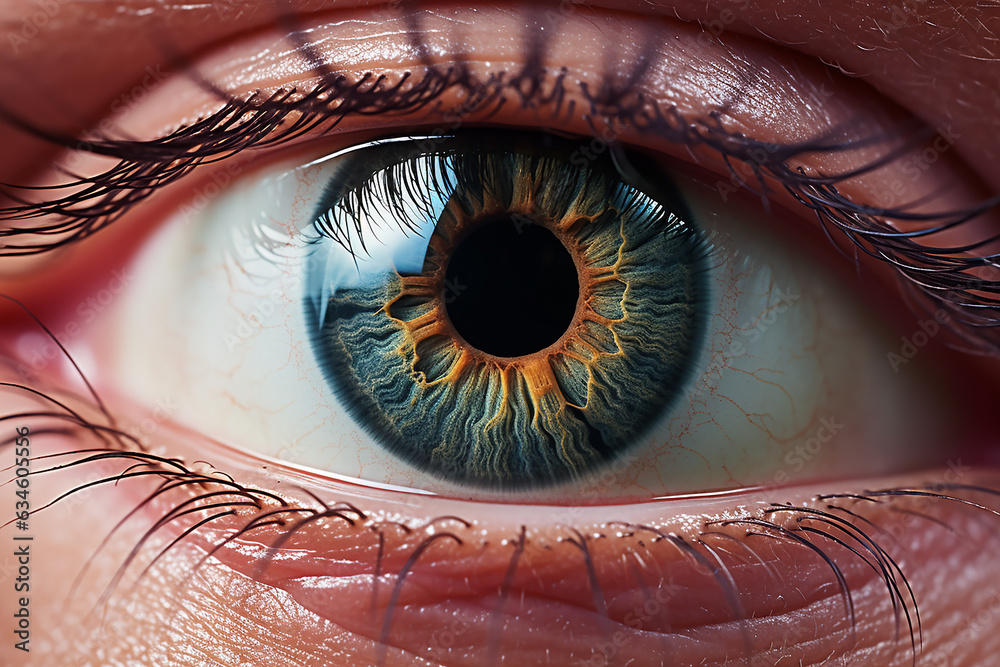 Generative AI Image of Macro Shot of Human Eye with Beautiful Lens and Brownish White Skin - obrazy, fototapety, plakaty 