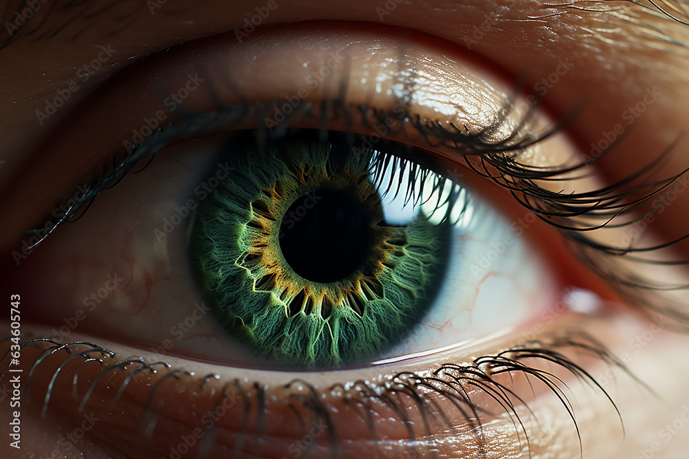 Generative AI Image of Close Up Macro Shot of Human Eye with Green Lens - obrazy, fototapety, plakaty 