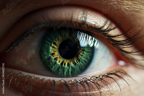 Generative AI Image of Close Up Macro Shot of Human Eye with Green Lens