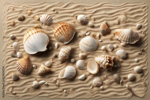 Assorted seashell on the sand beach. © avero