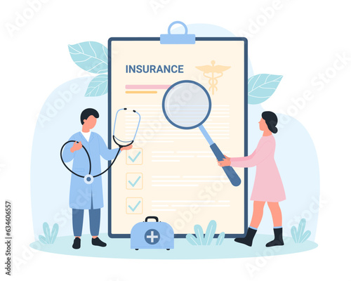 Medical insurance document vector illustration. Cartoon tiny people with stethoscope and magnifying glass check benefit of paper insurance form on clipboard, insure health and life of patient