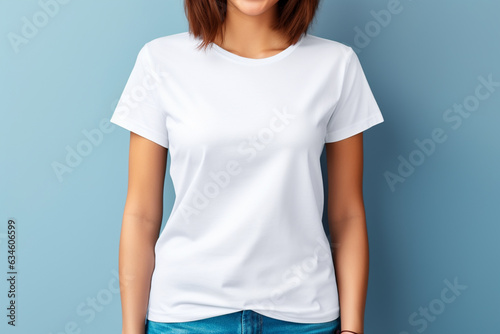 young woman waring a blank t-shirt (mockup), generative ai