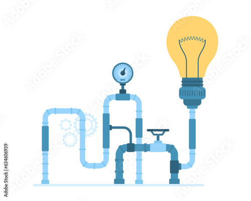 Generator for process of idea creation vector illustration. Cartoon isolated infographic factory pipe system with light bulb, lab equipment with plumbing, gears and glass lamp to generate ideas