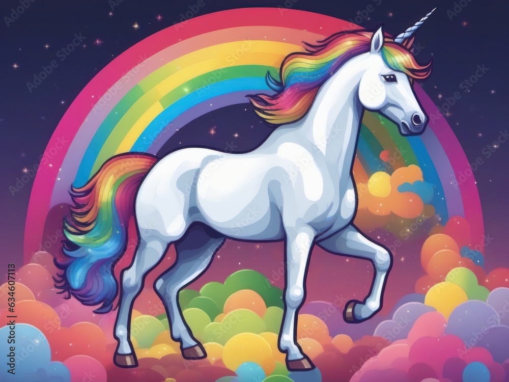 Painting of an unicorn with rainbow in background Painting of an unicorn with rainbow in background