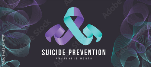 Suicide prevention awareness month text and Teal purple ribbon sign on abstract lines Teal purple curve blend around on black background vector design
