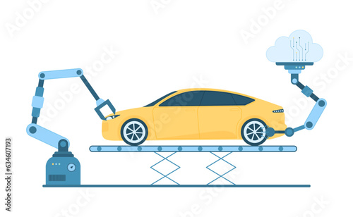Smart technology of car production vector illustration. Cartoon isolated automated smart robot arm and AI work and build automobile on automotive conveyor, assembly process automation of vehicle