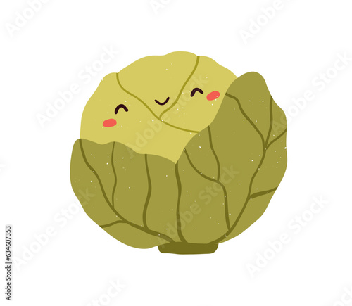 Cute happy cabbage. Smiling leaf vegetable character. Funny kawaii food with ...