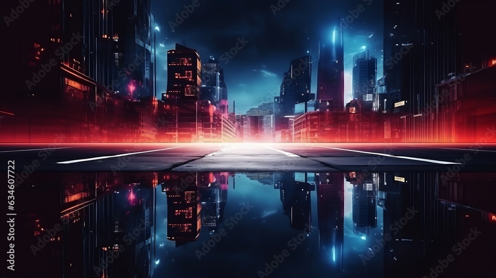 Generative AI : Light effect, blurred background. Wet asphalt, night view of the city, neon reflections on the concrete floor. Night empty stage, studio. Dark abstract background, dark empty street. N