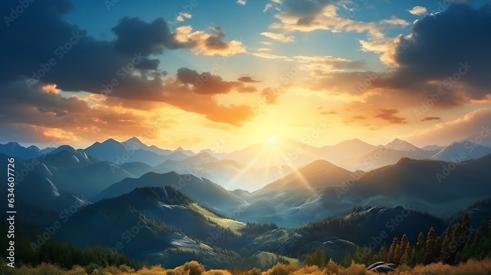 Generative AI : Mountains during sunset. Beautiful natural landscape in the summer time