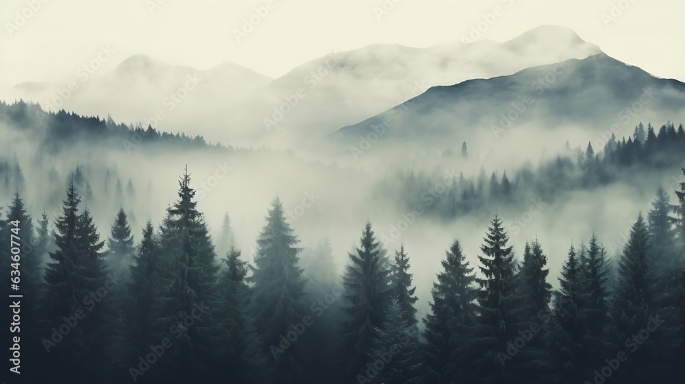 Generative AI : Misty landscape with fir forest in hipster vintage retro style