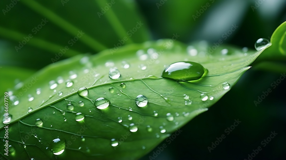 Generative AI : Large beautiful drops of transparent rain water on a green leaf macro. Drops of dew in the morning glow in the sun. Beautiful leaf texture in nature. Natural background