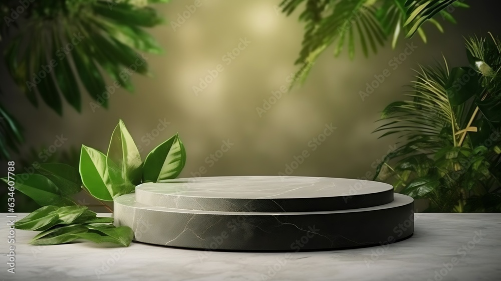 Generative AI : Natural stone and concrete podium in Natural green background for Empty show for packaging product presentation. Background for cosmetic products, the scene with green leaves. Mock up 