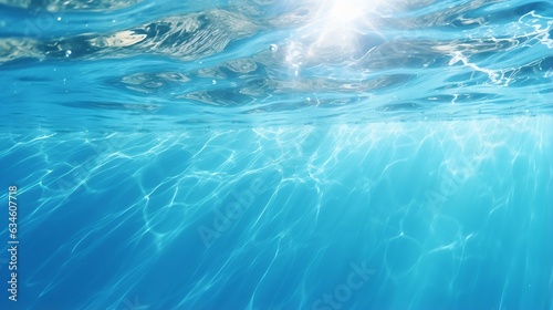 Generative AI : Beautiful light reflections in a crystal clear transparent water surface in a blue hue is a beautiful background image with space for text.