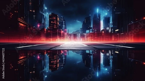Generative AI : Light effect, blurred background. Wet asphalt, night view of the city, neon reflections on the concrete floor. Night empty stage, studio. Dark abstract background, dark empty street. N