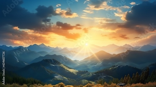 Generative AI : Mountains during sunset. Beautiful natural landscape in the summer time © Generative AI