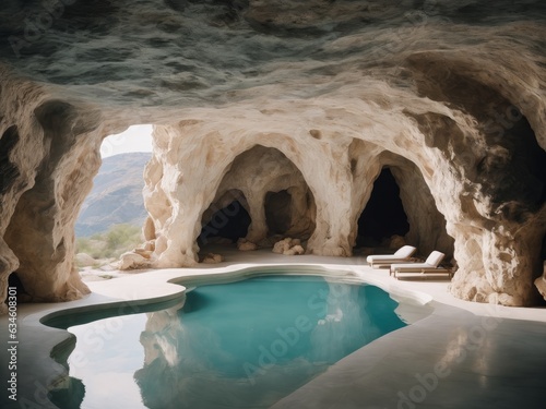 Modern white spacious swimming-pool inside a smooth stone cave