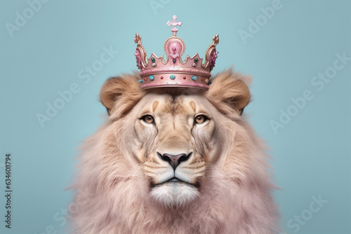 Portrait of lion with crown on head on pastel background