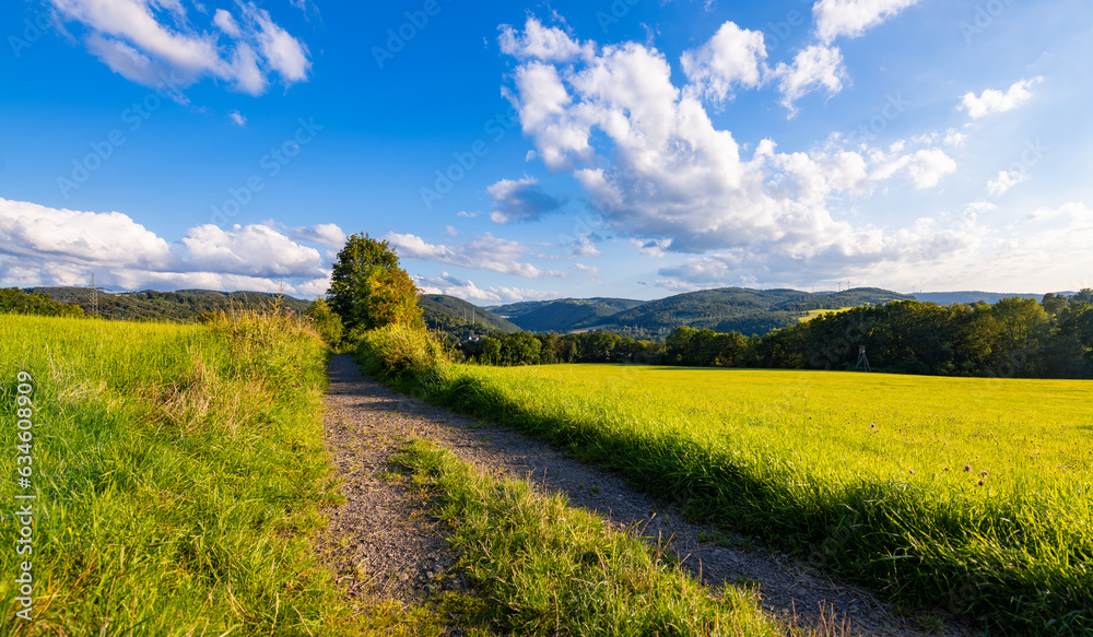 Sauerland panorama in Iserlohn-Letmathe on a sunny summer evening. Warm light and blue sky above bright green meadows and wooded hills in natural reserve “Sonderhorst“ near famous cave “Dechenhöhle“.