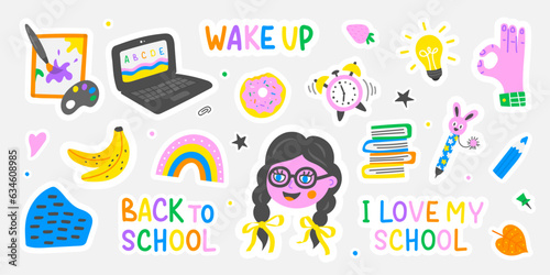 Collection of school stickers and decorative elements.Vector set for the design of covers, notebooks, books,diary and much more.