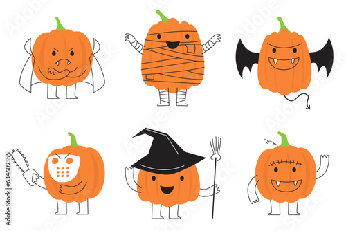 Set of pumpkin with halloween costume . line art cartoon character design . Vector .