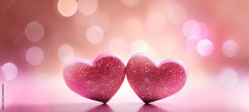 Happy Valentine's Day valentines day, love or birthday celebration holiday background banner illustration greeting card - Two pink hearts on table with bokeh lights and glitter (Generative Ai) - obrazy, fototapety, plakaty 