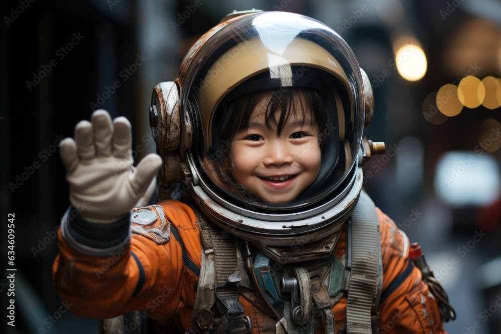 Happy kid wear astronaut costume and smile in dream job. Happy kid wear astronaut costume and smile in dream job.