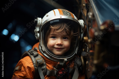 Happy kid wear astronaut costume and smile in dream job. 