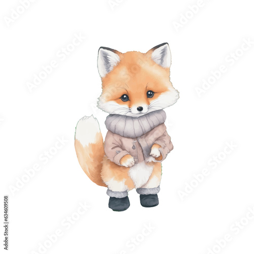 kawaii cute little fox watercolor wearing vintage winter costume merry christmas and happy new year on white background vector illustration.