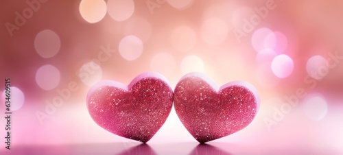 Happy Valentine's Day valentines day, love or birthday celebration holiday background banner illustration greeting card - Two pink hearts on table with bokeh lights and glitter (Generative Ai)