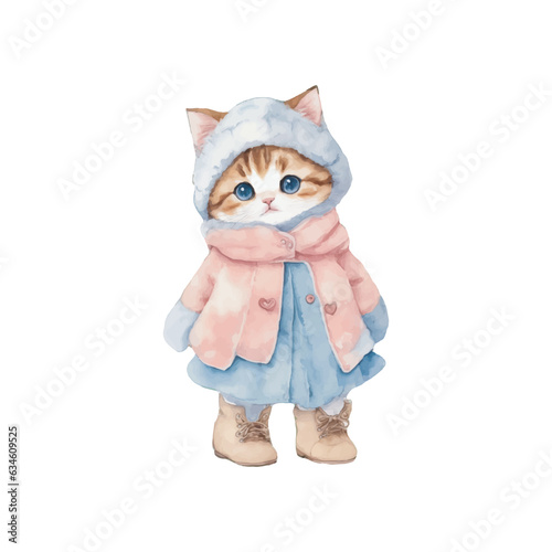 kawaii cute little kitten watercolor wearing vintage winter costume merry christmas and happy new year on white background vector illustration.