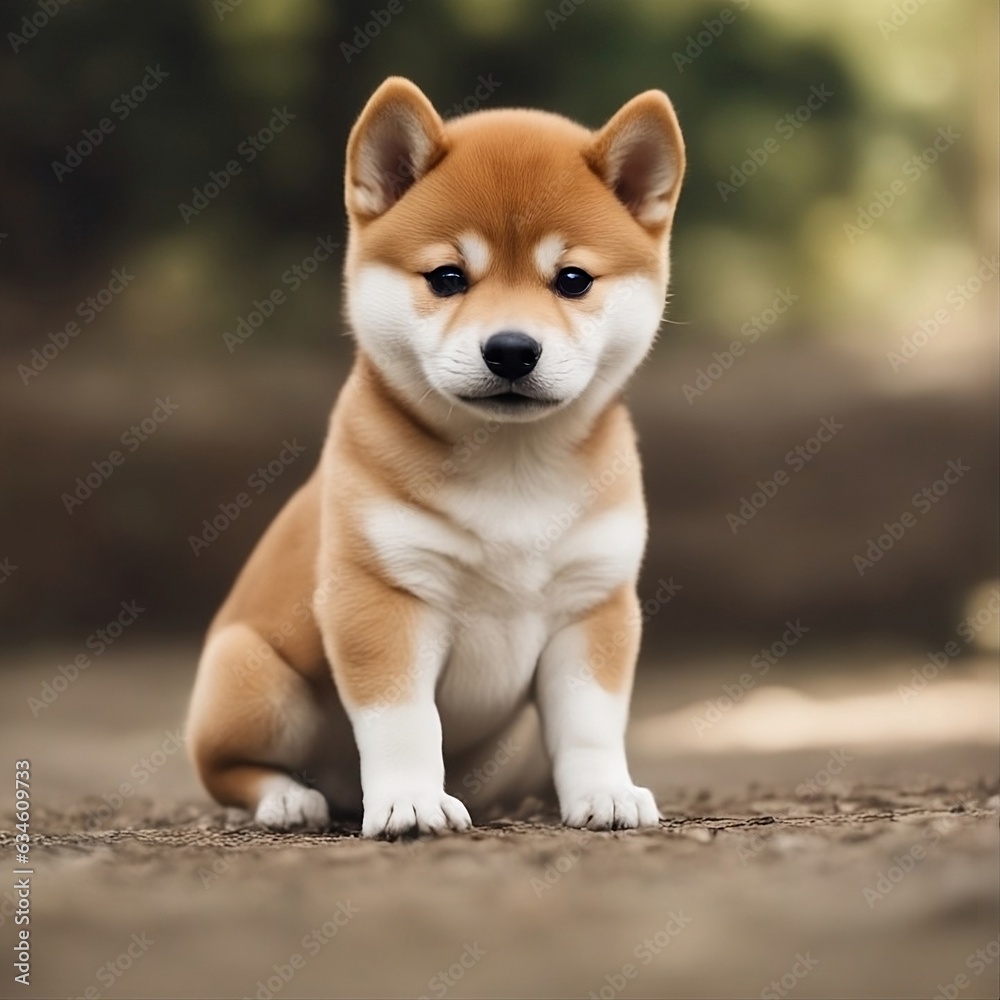 a cute baby Shiba Inu plays in a park, his body and his expression is very cute. Generative AI