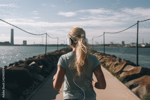 Young woman in headphones and sportswear exercising, jogging and fitness on the waterfront