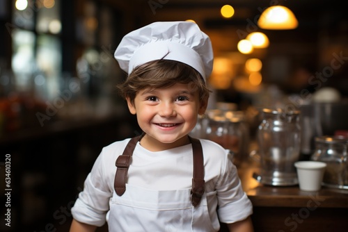 Happy kid wear chef costume and smile in dream job.