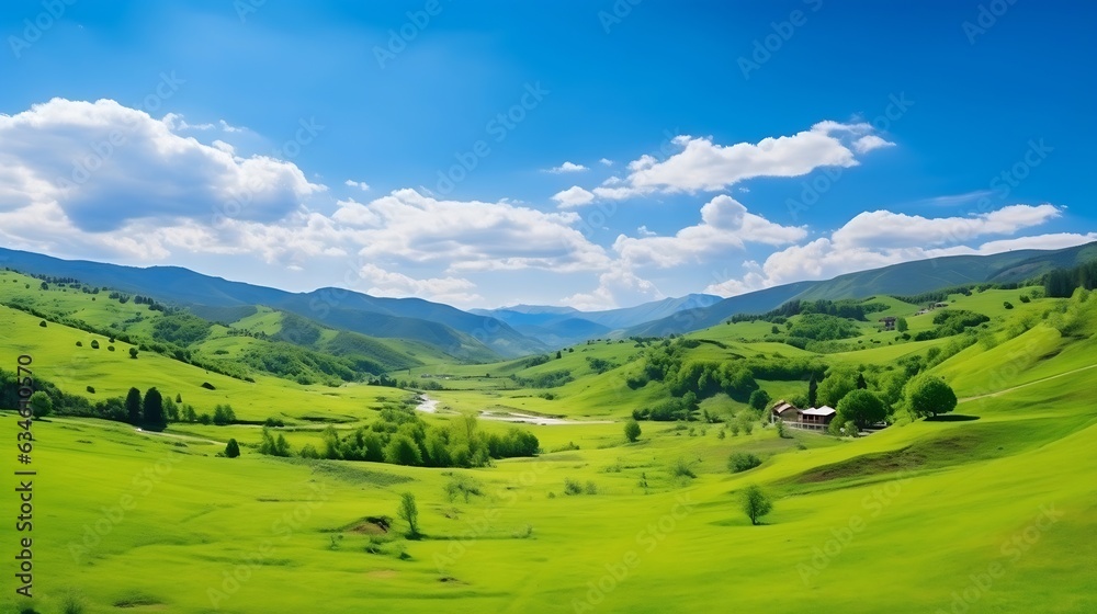 Obraz premium Generative AI : panorama of beautiful countryside. sunny afternoon. wonderful springtime landscape in mountains. grassy field and rolling hills. rural scenery