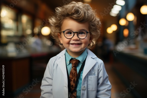 Happy kid wear doctor costume and smile in dream job.
