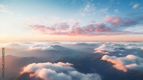 Generative AI : Aerial sunset view over the Blue Ridge Mountains from the cockpit of a private aircraft. Sky with clouds. Sky background