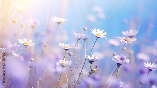 Generative AI : Beautiful wild flowers chamomile, purple wild peas, butterfly in morning haze in nature close-up macro. Landscape wide format, copy space, cool blue tones. Delightful pastoral airy art © Generative AI