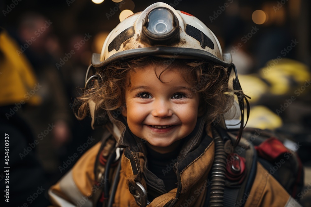 Happy kid wear fire fighter costume and smile in dream job.