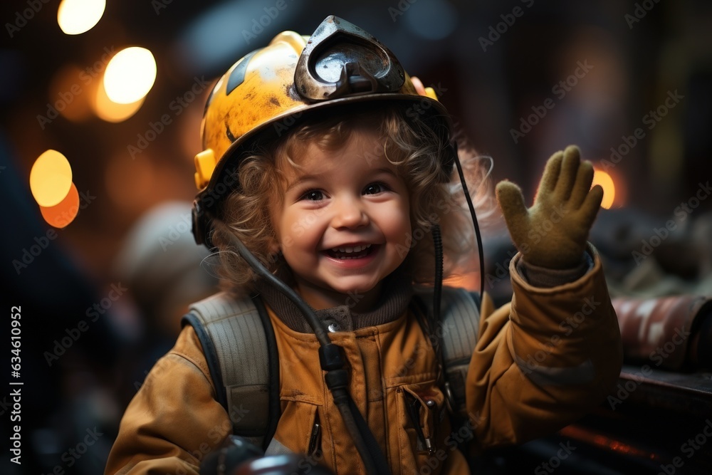Happy kid wear fire fighter costume and smile in dream job. Happy kid wear fire fighter costume and smile in dream job.