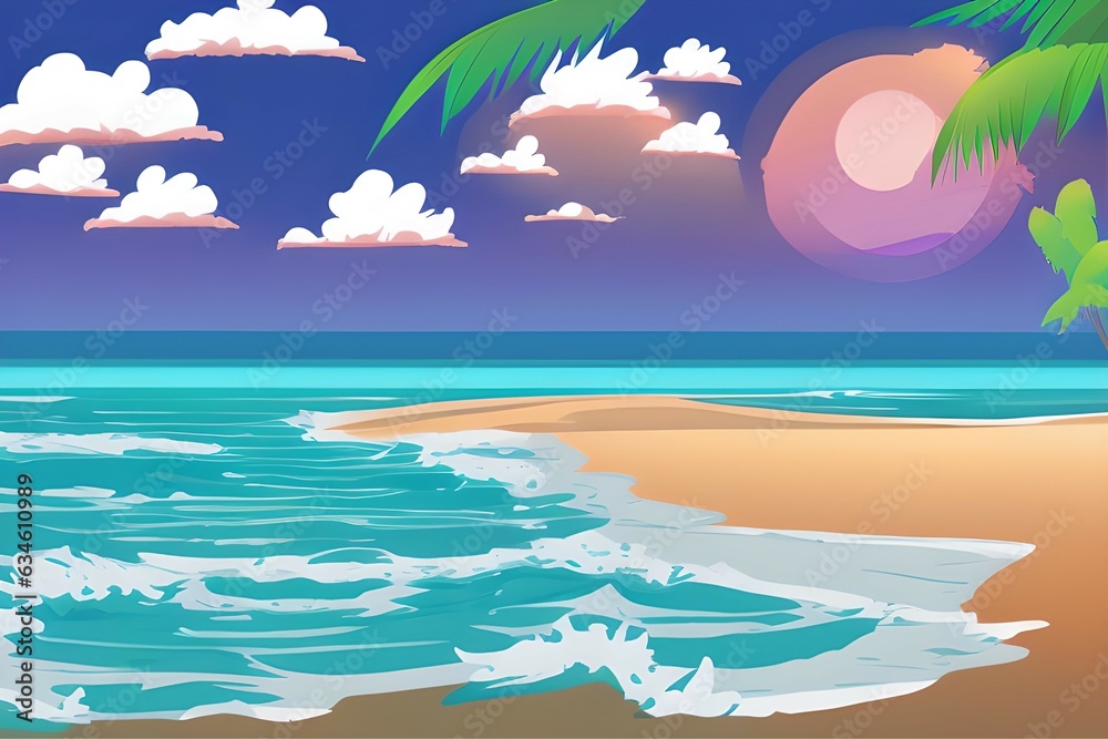 Stunning Beach Landscapes with waves and clouds.  Digital illustration. Kids Cartoon Backgrounds. Children Story Book illustration. 2d illustration. Generative AI