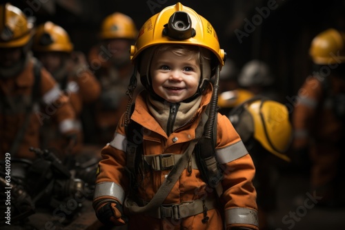 Happy kid wear fire fighter costume and smile in dream job.