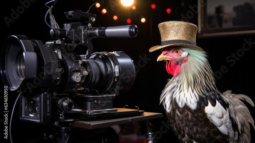 A rooster cock in a coloured hat captures the show on a film camera. The concept of television, television show programmes. photo