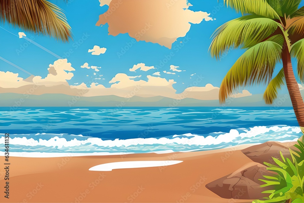 Fototapeta premium Stunning Beach Landscapes with waves and clouds. Digital illustration. Kids Cartoon Backgrounds. Children Story Book illustration. 2d illustration. Generative AI