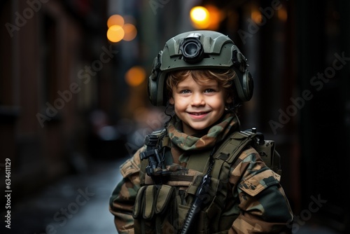 Happy kid wear soldier costume and smile in dream job.